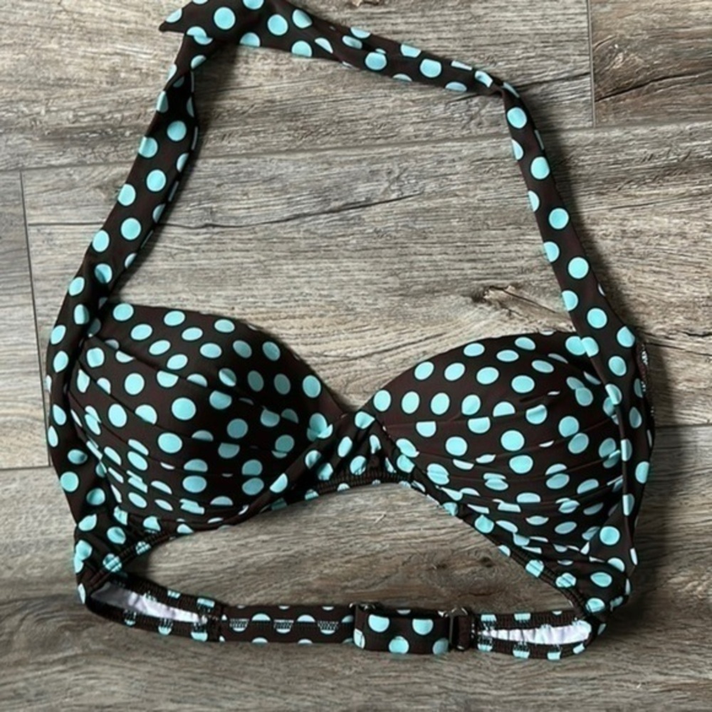 Venus swim top brown aqua polka dot vintage look adjustable size 34C